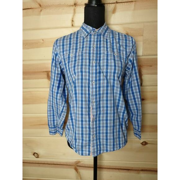 PD&C Boys Flannel Button Up Long Sleeve Shirt Size 14 Plaid Blue 100% Cotton - Picture 1 of 9